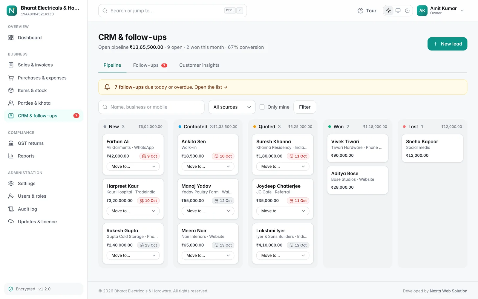NextaBill crm pipeline screen