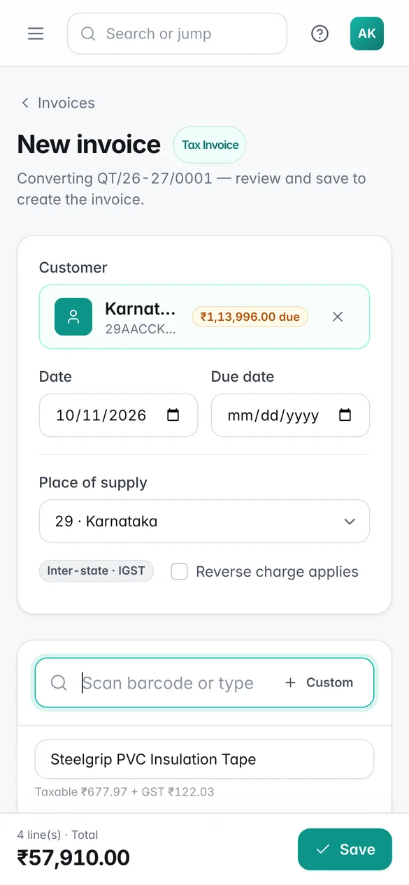 NextaBill billing screen on a phone