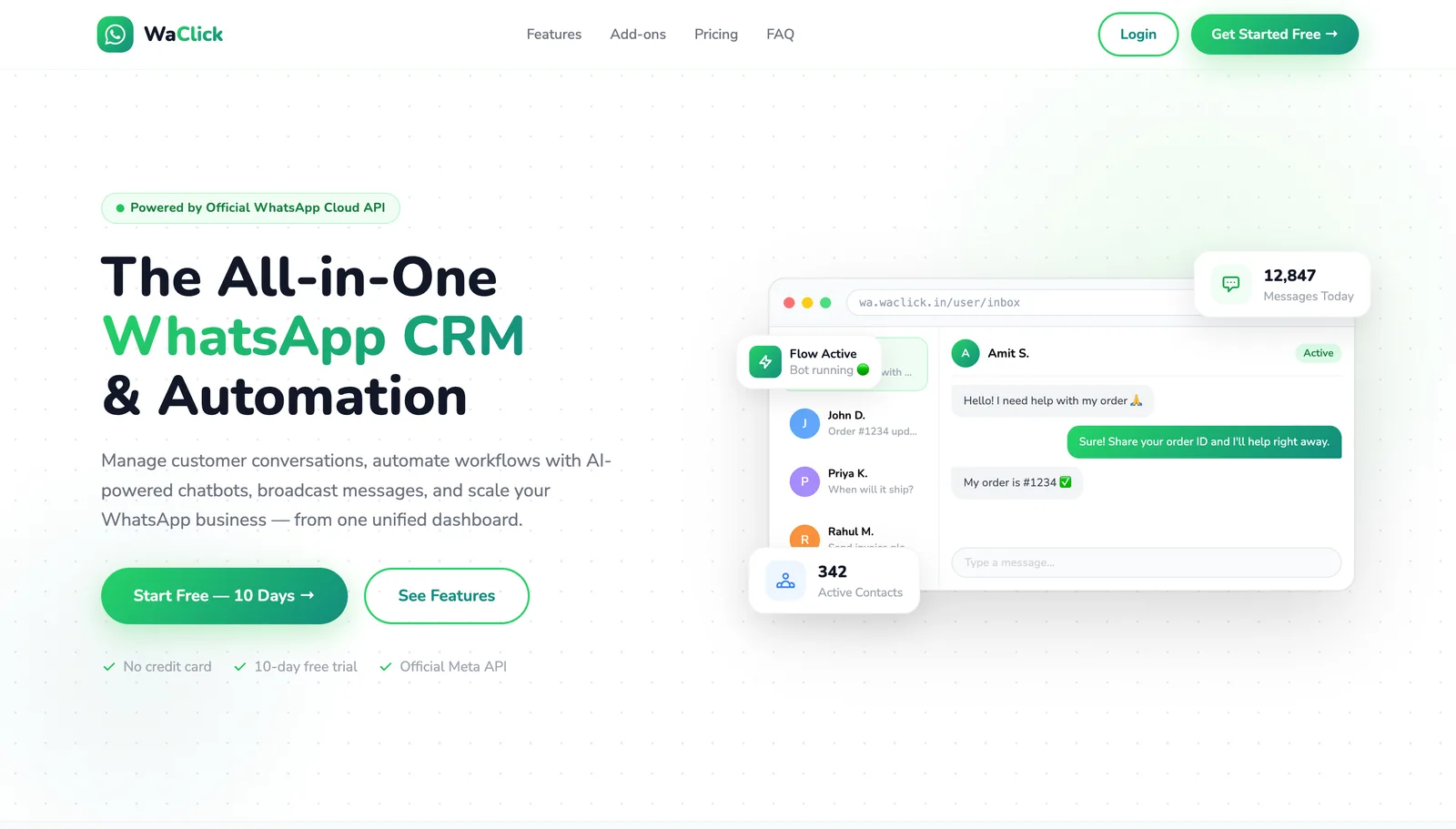 WaClick home page with the WhatsApp team inbox preview