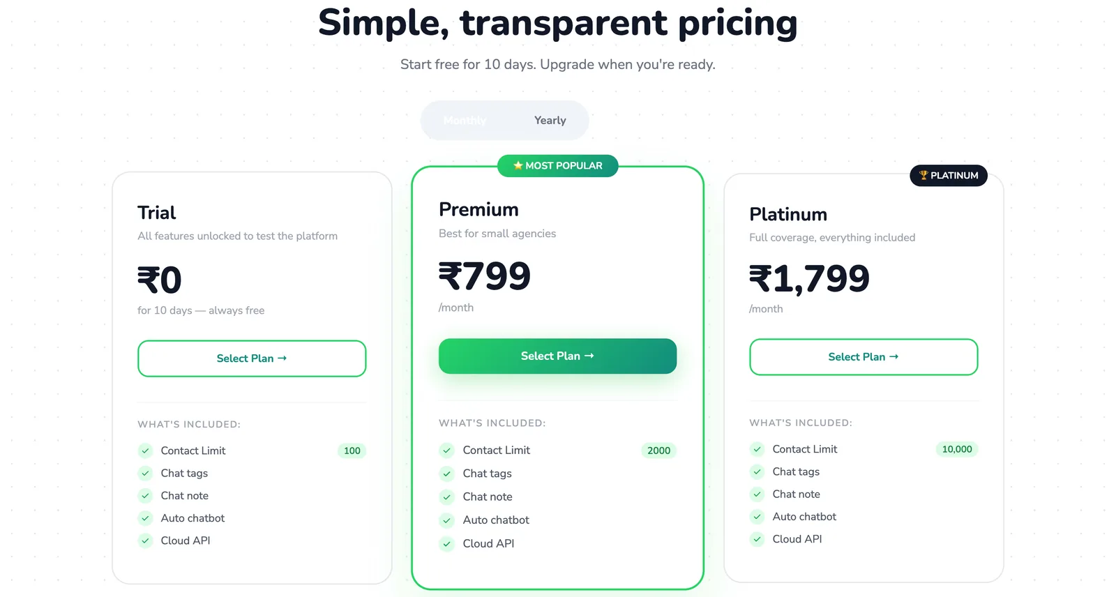 WaClick plans: free trial, Premium and Platinum