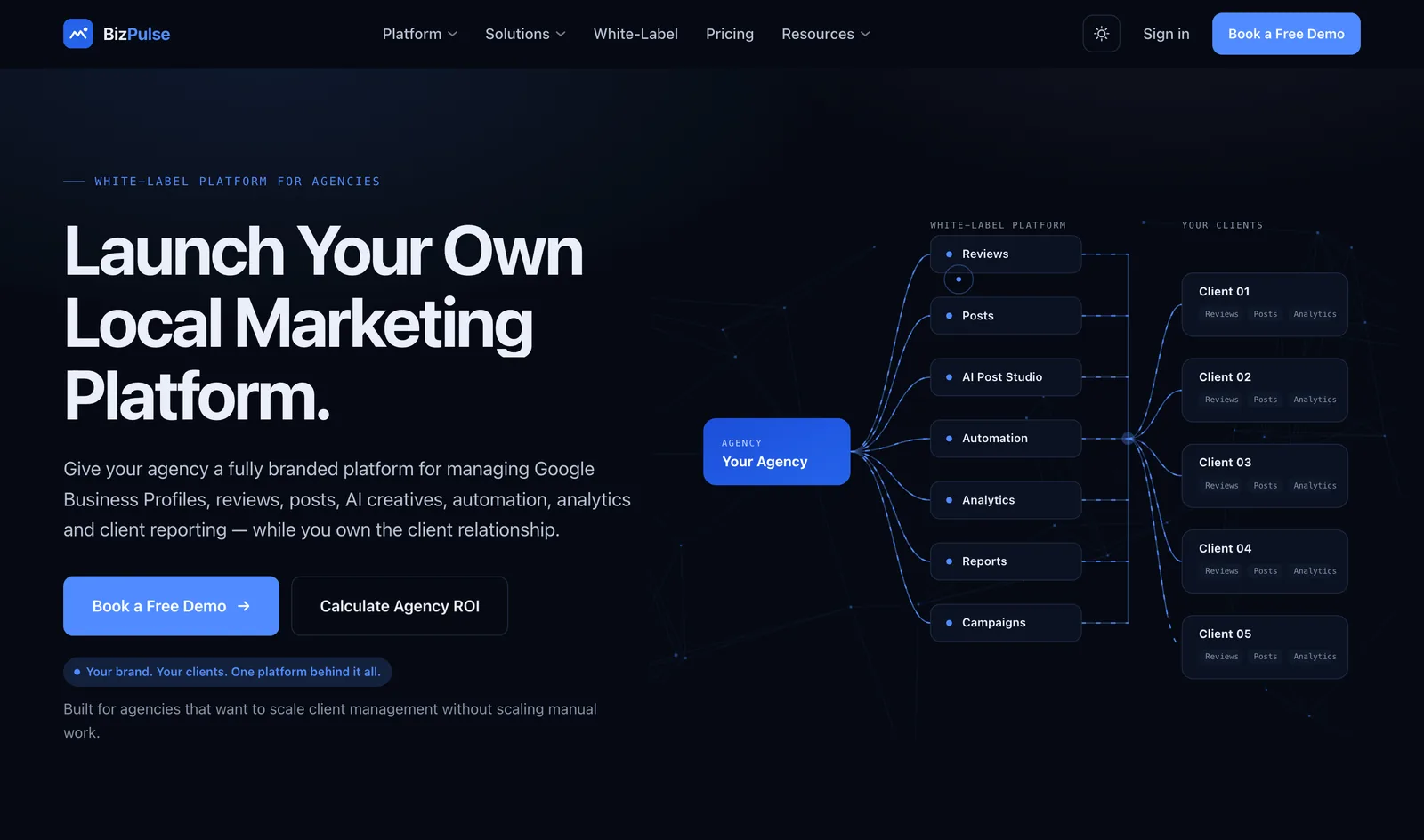 BizPulse home page: a white-label platform for agencies