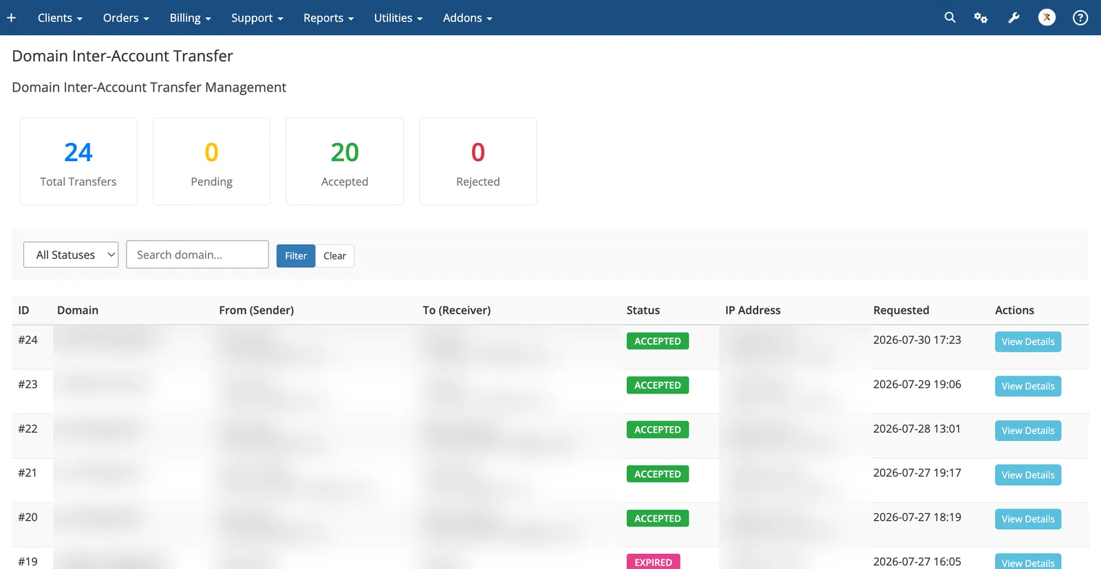 WHMCS Domain Inter-Account Transfer with transfer counts and request statuses