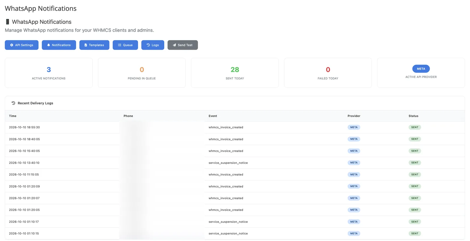 WHMCS WhatsApp Notifications module with delivery counts and a delivery log